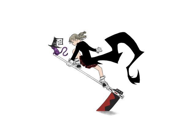 Anime picture 1600x1200 with soul eater studio bones maka albarn soul eater evans blair highres simple background white background twintails profile wallpaper girl gloves animal shoes cat witch hat coat scythe