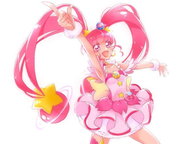 Anime picture 3000x2512 with precure star twinkle precure toei animation hoshina hikaru cure star nijigami rin single long hair looking at viewer blush fringe highres open mouth simple background smile standing white background twintails pink hair ahoge