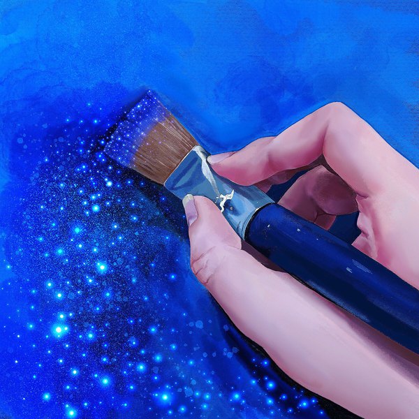 イラスト 2048x2048 と オリジナル yasuta kaii32i ソロ highres fingernails realistic sparkle blue background scenic ambiguous gender 手 絵筆