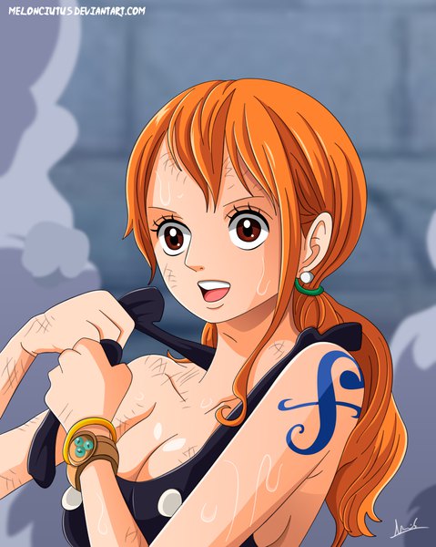 Anime picture 873x1094 with one piece toei animation nami (one piece) melonciutus single long hair tall image fringe breasts open mouth light erotic large breasts twintails bare shoulders holding brown eyes signed looking away cleavage upper body