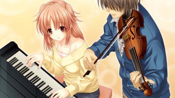 Anime picture 1280x720 with morobito kozorite (game) short hair black hair red eyes brown hair wide image game cg couple girl boy piano violin bow (instrument)