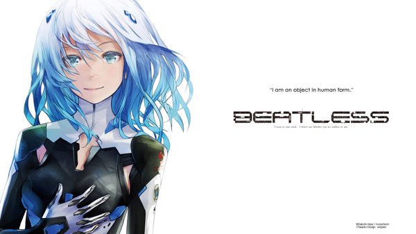 Anime picture 1920x1080 with beatless leicia redjuice single long hair looking at viewer highres blue eyes wide image white background game cg white hair inscription wallpaper text skin tight girl bodysuit android