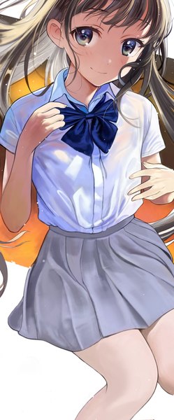Anime picture 499x1200 with original seicoh single long hair tall image looking at viewer blush fringe smile brown hair sitting payot looking away bent knee (knees) head tilt pleated skirt grey eyes floating hair adjusting clothes girl