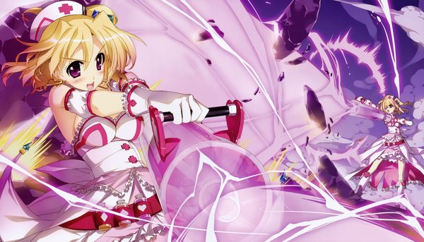 Anime picture 9875x5655 with mahou shoujo lyrical nanoha shamal fujima takuya blush highres short hair open mouth blonde hair wide image purple eyes absurdres scan official art magic girl dress gloves white gloves