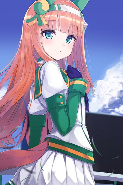 Anime picture 2570x3867 with umamusume silence suzuka (umamusume) j young single long hair tall image looking at viewer blush fringe highres blue eyes standing animal ears payot sky cloud (clouds) outdoors tail blunt bangs animal tail