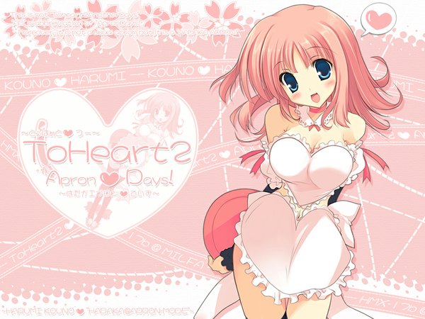 Anime picture 1024x768 with to heart 2 leaf (studio) kouno harumi blush breasts blue eyes light erotic pink hair cleavage wallpaper naked apron ranguage engrish heart apron tray