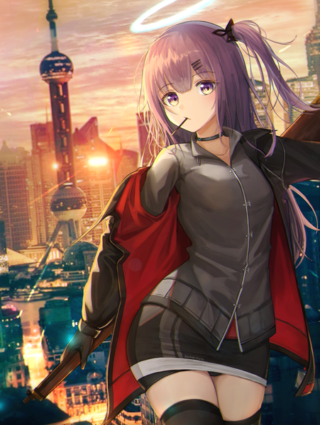 Anime picture 1120x1490 with arknights ambriel (arknights) flippy (cripine111) single long hair tall image looking at viewer blush fringe light erotic standing holding yellow eyes sky purple hair outdoors off shoulder pantyshot zettai ryouiki one side up