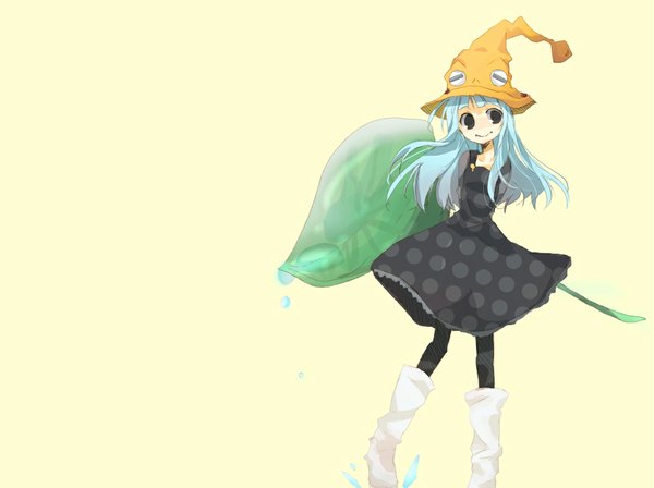 Anime picture 1027x768 with soul eater studio bones eruka frog simple background smile blue hair black eyes loli girl dress water leaf (leaves) witch hat