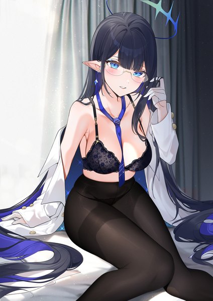 Anime-Bild 1765x2500 mit blue archive rin (blue archive) yukineko1018 single long hair tall image looking at viewer blush fringe highres breasts blue eyes light erotic black hair large breasts blunt bangs long sleeves parted lips multicolored hair arm support