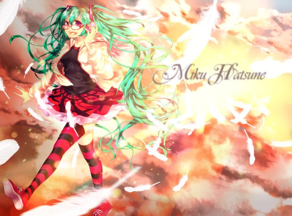 Anime picture 1500x1114 with vocaloid hatsune miku single open mouth smile red eyes twintails cloud (clouds) very long hair green hair sunlight girl thighhighs skirt miniskirt glasses shoes jacket headphones feather (feathers)