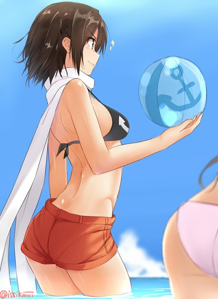 Anime picture 800x1093 with kantai collection sendai light cruiser isshiki (ffmania7) tall image short hair light erotic brown hair bare shoulders multiple girls holding brown eyes signed looking away sky ass horizon girl 2 girls swimsuit bikini