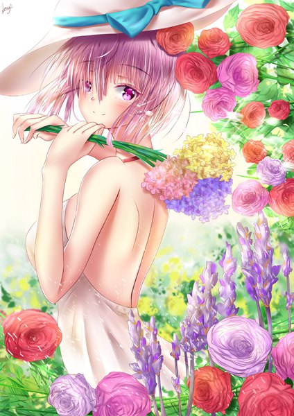 Anime-Bild 2896x4096 mit fate (series) fate/grand order mash kyrielight dicedkey single tall image looking at viewer blush fringe highres short hair breasts smile hair between eyes standing bare shoulders holding payot pink hair outdoors
