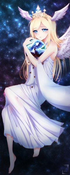 Anime picture 1200x3000 with dragon nest althea (dragon nest) lil-pandaa single long hair tall image blush blue eyes blonde hair sleeveless angel wings head wings angel girl dress wings white dress star (stars)