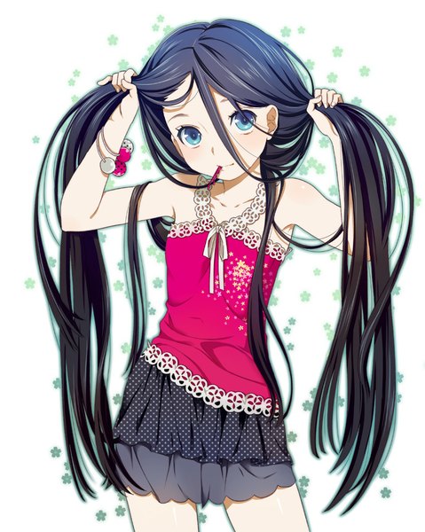 Anime picture 826x1034 with original mattaku mousuke single long hair tall image looking at viewer blue eyes black hair twintails holding mouth hold girl skirt miniskirt bracelet blouse