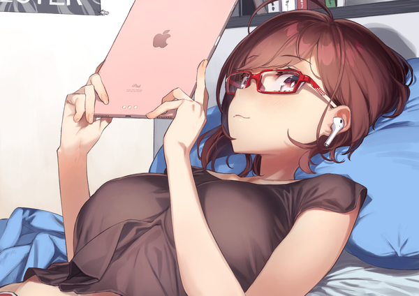 Anime picture 3000x2121 with original apple inc. 92m single looking at viewer blush fringe highres short hair breasts brown hair holding brown eyes upper body ahoge indoors lying blunt bangs light smile on back