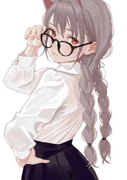 Anime picture 1000x1415 with original feiqizi (fkey) fkey single long hair tall image looking at viewer blush fringe simple background hair between eyes red eyes standing white background signed animal ears payot braid (braids) looking back grey hair