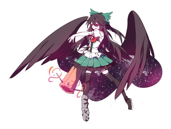 Anime picture 1843x1393 with touhou reiuji utsuho gla single long hair fringe highres simple background hair between eyes red eyes brown hair white background looking away full body pale skin black wings starry sky print arm cannon space print girl