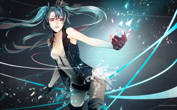 Anime picture 1920x1200 with vocaloid hatsune miku mozilla (pixiv) single long hair highres open mouth wide image twintails brown eyes fingernails aqua hair long fingernails girl ribbon (ribbons) headphones fingerless gloves crown