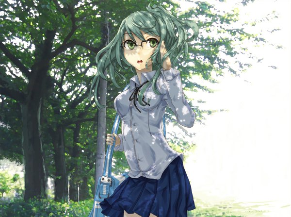 Anime picture 1000x746 with original yato (pondel) single short hair open mouth green eyes green hair girl skirt plant (plants) miniskirt shirt tree (trees) glasses