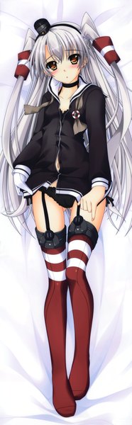 Anime picture 2280x7334 with kantai collection amatsukaze destroyer aoi hiro single long hair tall image blush highres light erotic brown eyes full body white hair two side up dakimakura (medium) girl thighhighs underwear panties hat mini hat