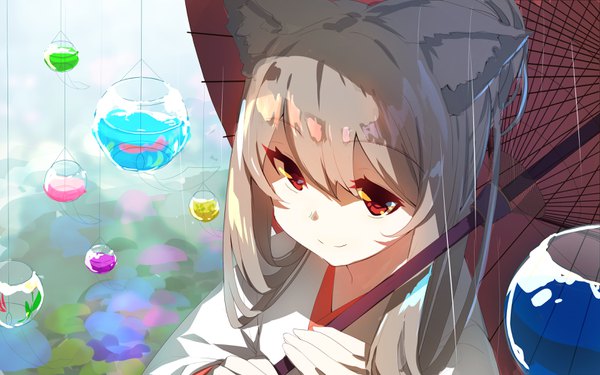 Anime picture 3200x2000 with original yuuji (yukimimi) single long hair fringe highres smile hair between eyes red eyes holding animal ears looking away silver hair upper body traditional clothes japanese clothes fox ears girl kimono umbrella