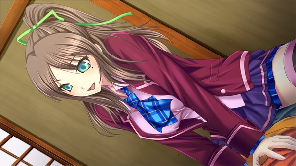 Anime picture 1024x578 with zutto! josou de haramasete (game) tagme (character) long hair black hair wide image green eyes game cg ponytail girl uniform school uniform