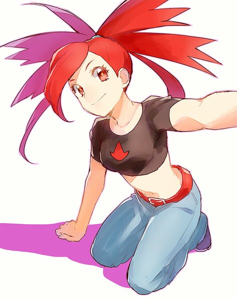 Anime picture 680x859 with pokemon pokemon rse nintendo asuna (pokemon) kurochiroko single long hair tall image simple background smile red eyes white background sitting looking away ponytail red hair from above bare belly shadow outstretched arm