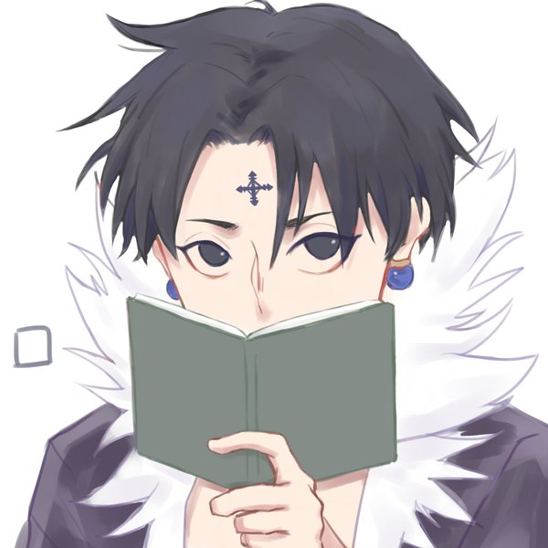 Anime picture 1181x1181 with hunter x hunter chrollo lucilfer jopi single looking at viewer fringe short hair black hair simple background hair between eyes white background holding black eyes open jacket fur trim floating hair covered mouth forehead mark boy earrings