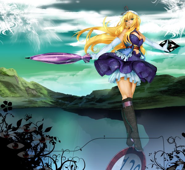 Anime picture 1200x1100 with touhou yakumo yukari bowalia long hair blonde hair red eyes spread arms landscape girl dress gloves elbow gloves boots umbrella traffic sign