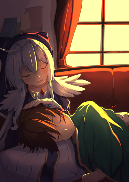 Anime picture 2508x3541 with kono subarashii sekai ni shukufuku wo! studio deen satou kazuma eris (konosuba) siroi sakana long hair tall image blush fringe highres open mouth hair between eyes brown hair sitting silver hair ahoge bent knee (knees) indoors eyes closed sunlight