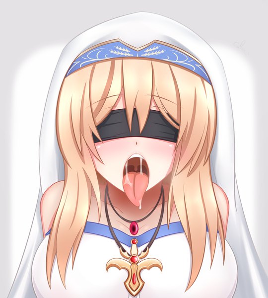 Anime-Bild 1800x2000 mit goblin slayer! sword maiden gabai single long hair tall image looking at viewer blush fringe highres breasts open mouth light erotic simple background blonde hair large breasts bare shoulders saliva blindfold naughty face