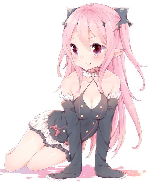 Anime picture 1368x1645 with owari no seraph wit studio kururu tepes manatsuki manata single long hair tall image fringe open mouth simple background smile hair between eyes red eyes white background sitting bare shoulders payot looking away pink hair cleavage