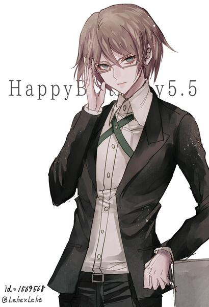 Anime picture 776x1135 with dangan ronpa togami byakuya z-epto (chat-noir86) single tall image looking at viewer fringe short hair simple background hair between eyes brown hair standing white background signed head tilt grey eyes text dated english happy birthday