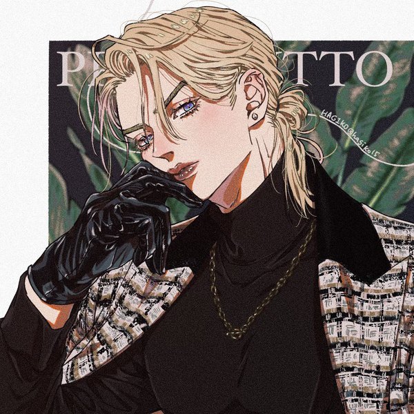 Anime picture 1000x1000 with jojo no kimyou na bouken prosciutto hagiko single long hair looking at viewer blue eyes blonde hair signed upper body character names lipstick clothes on shoulders fashion boy gloves earrings black gloves necklace turtleneck