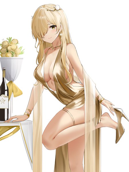 Anime picture 1199x1600 with azur lane nevada (a magnificent banquet) (azur lane) nevada (azur lane) qing wu single long hair tall image looking at viewer fringe breasts light erotic simple background blonde hair large breasts standing white background yellow eyes cleavage bent knee (knees) hair over one eye