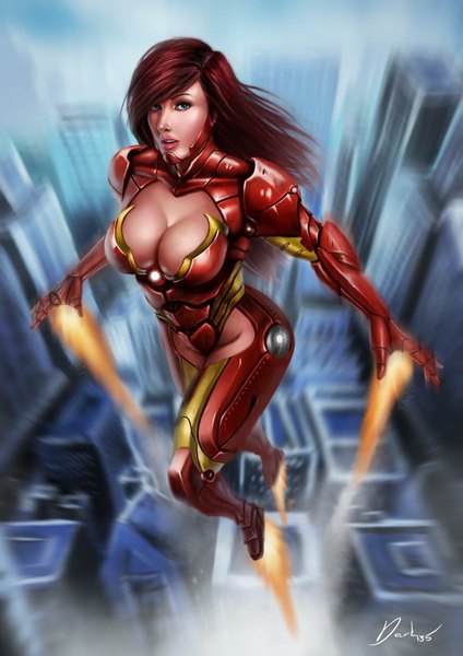 Anime picture 1131x1600 with iron man iron man (character) tin bui deadmanawake single long hair tall image breasts blue eyes light erotic large breasts cleavage red hair genderswap girl suit