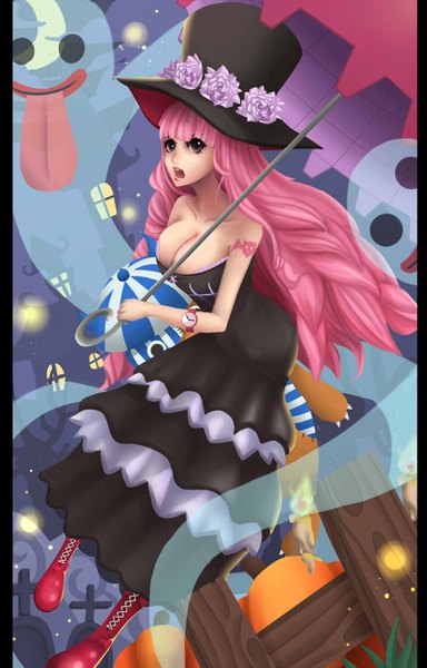 Anime picture 800x1250 with one piece toei animation perona kumacy ari rayoko single long hair tall image fringe breasts open mouth light erotic large breasts bare shoulders holding pink hair cleavage full body blunt bangs black eyes