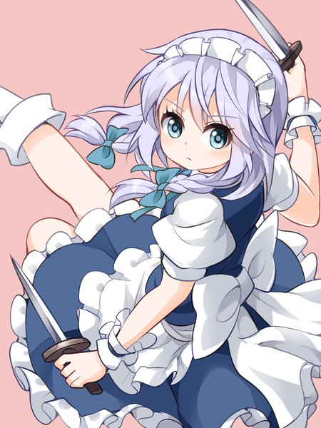 Anime picture 1000x1333 with touhou izayoi sakuya ruu (tksymkw) single long hair tall image looking at viewer blush fringe blue eyes simple background holding purple hair braid (braids) from above short sleeves maid puffy sleeves twin braids turning head