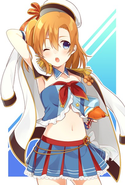 Anime picture 869x1279 with love live! school idol project sunrise (studio) love live! kousaka honoka chisumi single tall image blush fringe short hair open mouth blue eyes hair between eyes looking away one eye closed orange hair bare belly one side up arm behind head framed