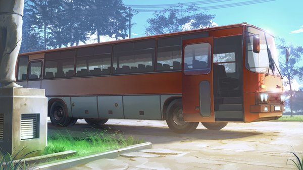 Anime picture 1920x1080 with everlasting summer iichan eroge arsenixc vvcephei highres wide image game cg sunlight wallpaper no people scenic collaboration plant (plants) tree (trees) building (buildings) grass ground vehicle power lines road bus