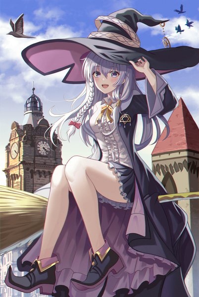 Anime picture 3633x5425 with majo no tabitabi elaina (majo no tabitabi) poise single long hair tall image looking at viewer blush fringe highres breasts open mouth smile hair between eyes purple eyes absurdres sky silver hair cloud (clouds) full body