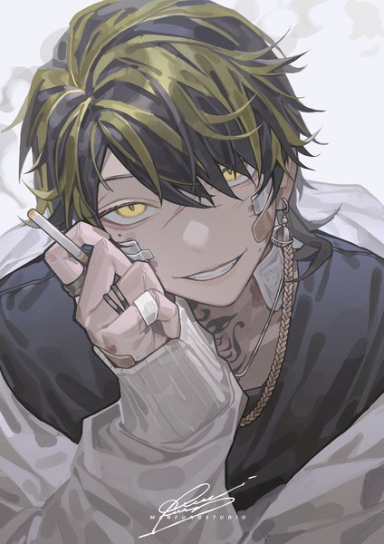 Anime picture 1488x2105 with tokyo revengers hanemiya kazutora manfung single tall image looking at viewer fringe short hair black hair smile signed yellow eyes long sleeves multicolored hair hair over one eye mole tattoo streaked hair mole under eye grin