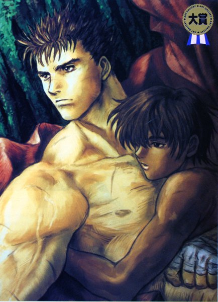 Anime picture 1465x2026 with berserk guts casca miura kentarou tall image fringe short hair open mouth black hair bare shoulders looking away indoors lying parted lips nude lips black eyes hair over one eye on back couple