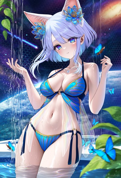 Anime picture 907x1331 with original kohanayuki single tall image looking at viewer blush fringe short hair breasts blue eyes light erotic standing animal ears payot purple hair blunt bangs parted lips head tilt arm up hair flower