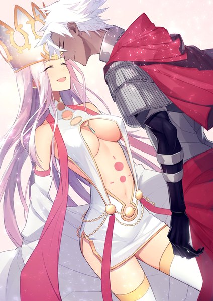 Anime picture 707x1000 with fate (series) fate/grand order irisviel von einzbern emiya kiritsugu irisviel von einzbern (caster) emiya kiritsugu (assassin) legacy zechs long hair tall image fringe short hair light erotic simple background standing purple hair white hair eyes closed head tilt sparkle dark skin