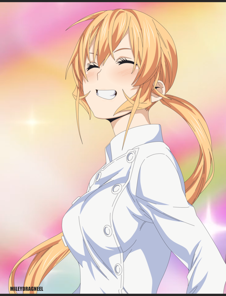 Anime picture 1999x2619 with shokugeki no soma j.c. staff nakiri erina miley dragneel single long hair tall image highres blonde hair smile twintails signed upper body eyes closed grin chef girl uniform