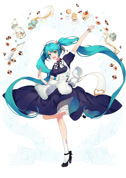 Anime picture 2480x3508 with vocaloid hatsune miku 00suger001 single tall image looking at viewer highres open mouth standing twintails full body very long hair arm up aqua eyes aqua hair high heels standing on one leg underbust checkerboard cookie tea set