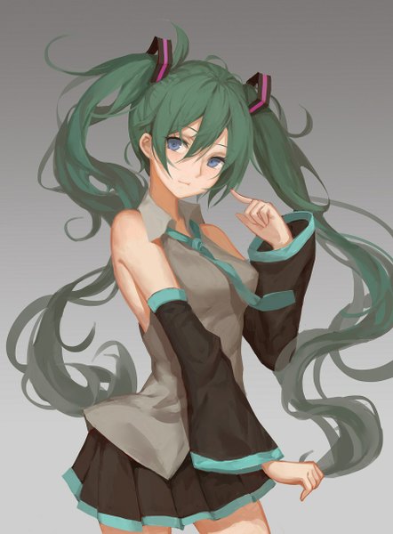 Anime picture 900x1222 with vocaloid hatsune miku kuuu single long hair tall image looking at viewer fringe blue eyes simple background smile standing twintails bare shoulders pleated skirt aqua hair grey background girl skirt detached sleeves