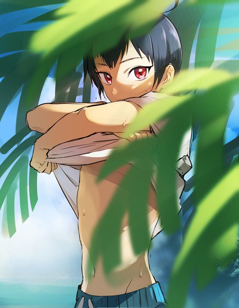 Anime picture 1500x1931 with pokemon pokemon special nintendo ruby (pokemon) yukin (es) single tall image looking at viewer short hair black hair red eyes upper body sweat groin shaded face undressing boy plant (plants)