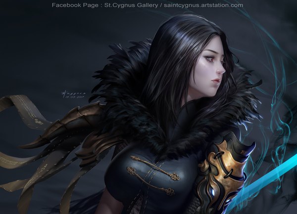 Anime picture 1920x1388 with blade & soul jin seo yeon stcygnus single long hair highres breasts black hair red eyes large breasts looking away profile lips fur trim eyeshadow glowing weapon girl weapon sword armor